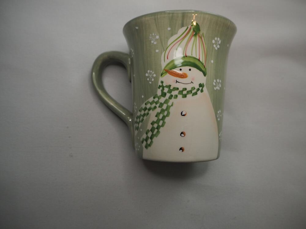 Hand Painted Green Snowman Christmas Mug Check Scarf 3.75in Holiday Coffee Cup